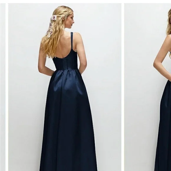 Navy Satin A-Line Evening Dress with Square Neck - Picture 2 of 4